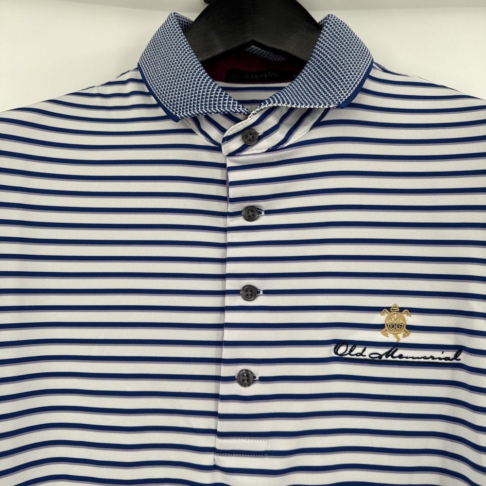 Greyson Polo Shirt Mens Large White Purple Blue Stripes Golf Short Sleeve Casual
